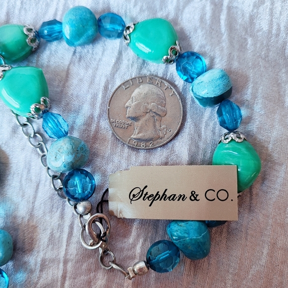 Art Sea Glass Stone Silver Tone Stephan & Co Green Turquoise Color Necklace NWT - Picture 6 of 15